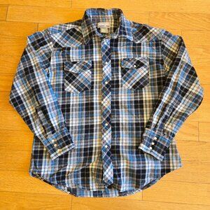 WRANGLER WRANCHER Blue Black Plaid Flannel Pearl Snap Western Shirt Men's Medium